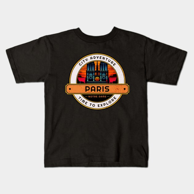 City Adventure Notre Dame Paris Retro Design Kids T-Shirt by Miami Neon Designs